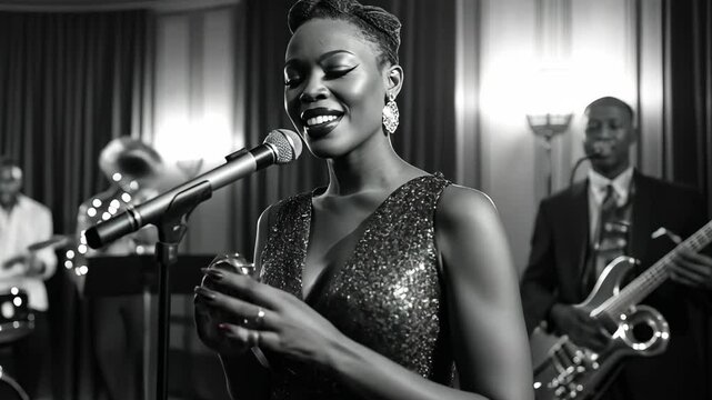 A black and white photo of a jazz band performing on stage, with a singer and musicians in the background. High quality 4k footage