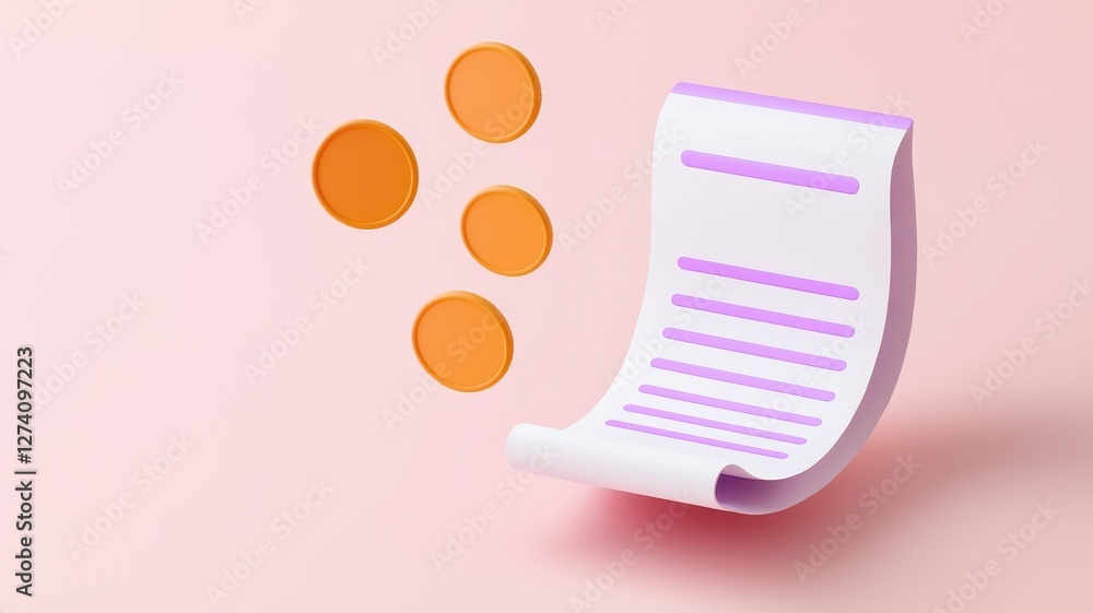 Poster online payment systems. paper scroll with lines and orange dots on a soft pink background.