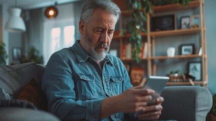 "Older man sitting in living room, engrossed in phone."