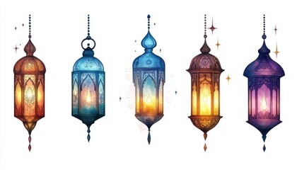 Five Colorful Glowing Ornate Lanterns Hanging Against White Background