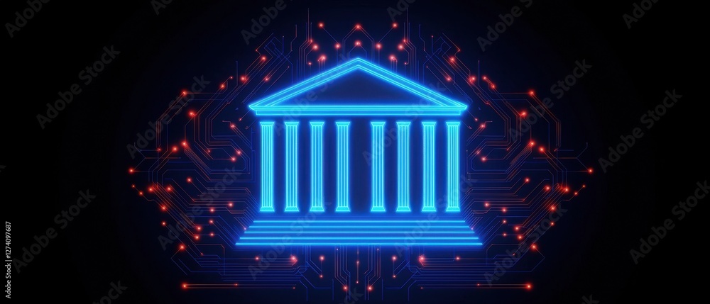 Poster online payment systems. neon representation of a classic building with circuit patterns, symbolizing