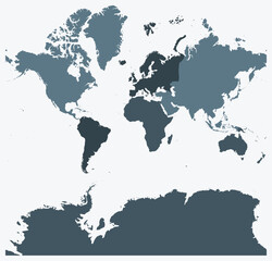 Map of the World. A simple border map with continent division. Blue-grey color palette. Plain map with administrative division. Vector illustration.