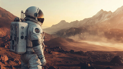 lone astronaut stands desolate alien planet, gazing mountainous landscape bathed warm glow of distant sun. sense of awe and solitude pervades scene as explorer contemplates vastness of unknown