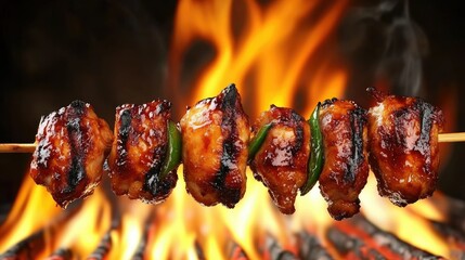Japanese-style yakitori chicken skewers grilling over an open flame, sizzling with rich tare glaze, smoky atmosphere