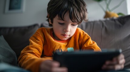 "A young boy engaged with a tablet, likely playing or exploring content."