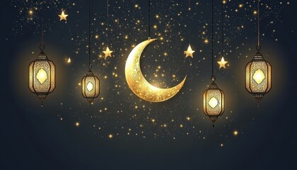 Golden Crescent Moon with Glowing Lanterns and Stars on Dark Blue Night Background