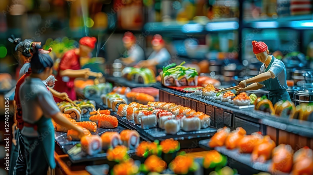 Aufkleber a vibrant display of sushi with miniature chefs preparing and serving various sushi types.