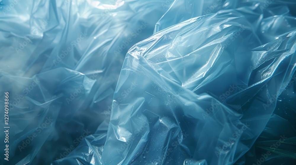 Poster Translucent blue plastic sheets are piled and wrinkled, reflecting sunlight and casting intricate shadows while revealing layers that suggest depth and texture in a natural environment.