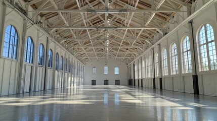 Large empty warehouse space with high ceilings, bright white walls, and metal frameworks, showcasing a clean and modern industrial environment