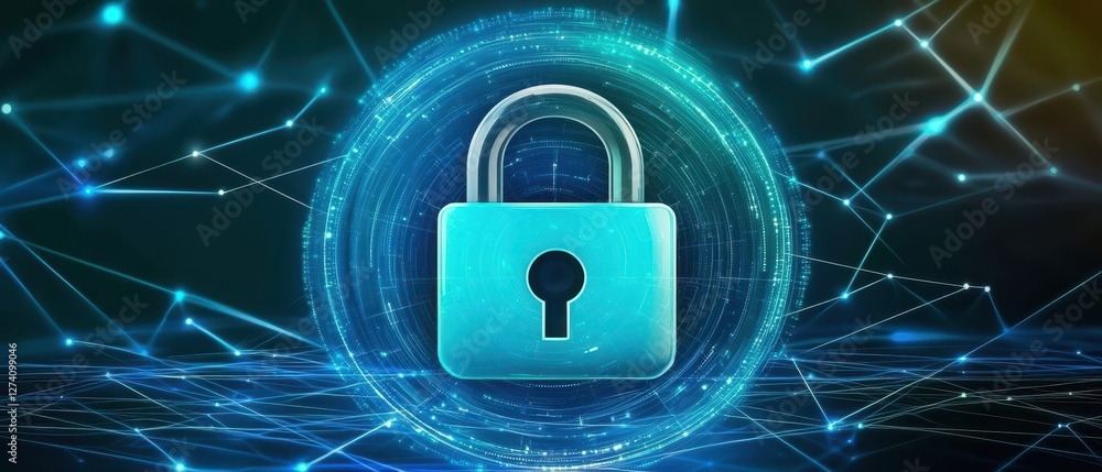 Poster online payment systems. digital lock symbolizing cybersecurity and data protection in a networked en