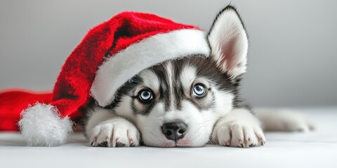 Cute husky puppy wearing a Santa hat lying down on a light background during the holiday season