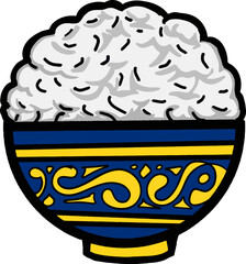 Steamed Rice in a Blue Bowl with Yellow Patterns