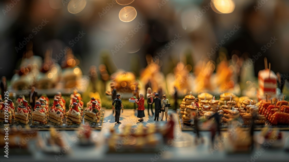 Aufkleber a whimsical display of miniature figures among an array of colorful food items.