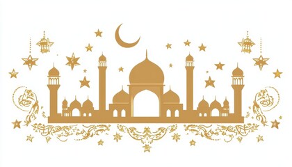 Golden Mosque Silhouette with Stars and Crescent Moon