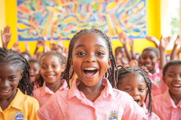 Joyful Black girl grins widely, surrounded by a class of enthusiastic children with raised hands in a brightly colored classroom.  Perfect for education, childhood, diversity, and happiness themes.