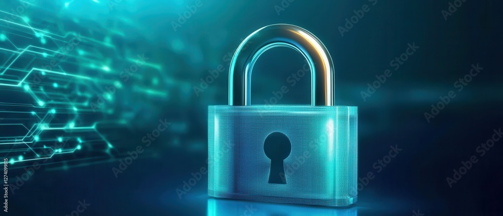 Poster online payment systems. digital padlock glowing with data patterns, symbolizing cybersecurity and pr