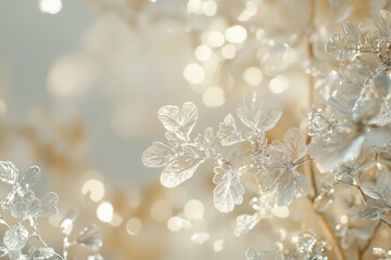 Delicate, silver-leafed branches glisten in soft, warm light, creating a dreamy, wintery scene.