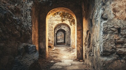 Fototapeta premium Serene Archways Through Ancient Stone Pathway in Nature's Embrace