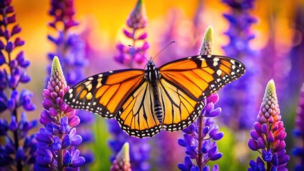 Obraz premium Monarch Butterfly on Purple Lupine Flowers in California Poppies