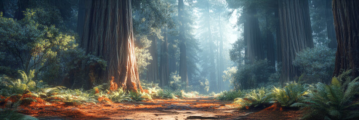 A majestic redwood forest in Northern California, where towering ancient trees reach into the sky, bathed in soft sunlight and surrounded by a mystical mist, creating a peaceful atmosphere , banner