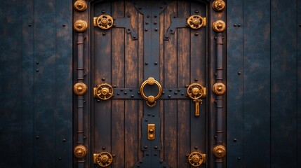 Antique wooden door with ornate metalwork and golden accents in dark setting