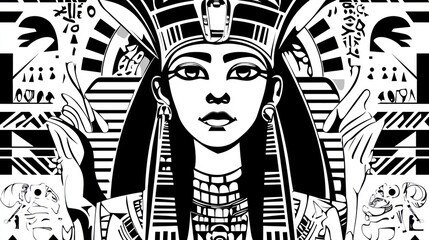 Egyptian queen illustration, stylized, ornate, black and white
