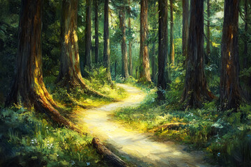 Obraz premium A winding trail through a lush redwood forest, captured with soft, textured brushstrokes, depicting the towering trees, moss-covered roots, and wildflowers, evoking a sense of calm solitude