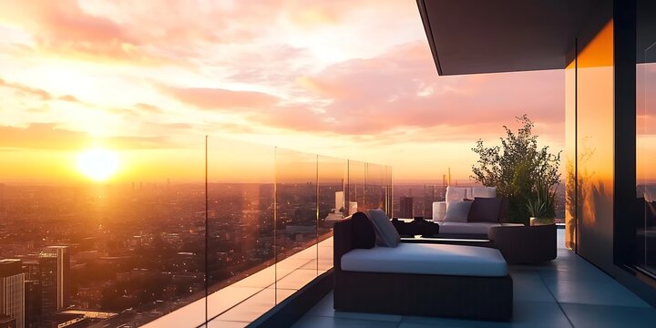 Modern Rooftop Balcony at Sunset with Elegant Outdoor Furniture and Glass Railings Overlooking Scenic Cityscape. Barcelona Sunrise