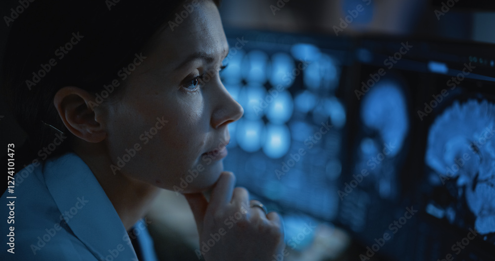 Poster medical hospital research lab: close up of female medical scientist using computer with brain scan m