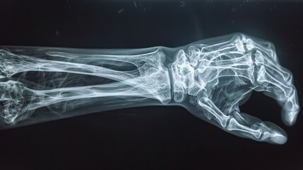 An X-ray image of a human hand and forearm, showcasing bones and joint structure.