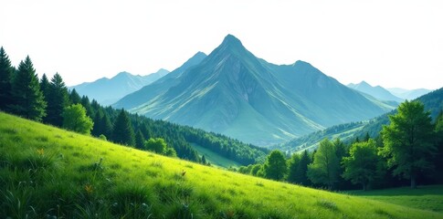 Fototapeta premium Lush green mountain range, isolated on white Ideal for travel, nature themes , wilderness, green