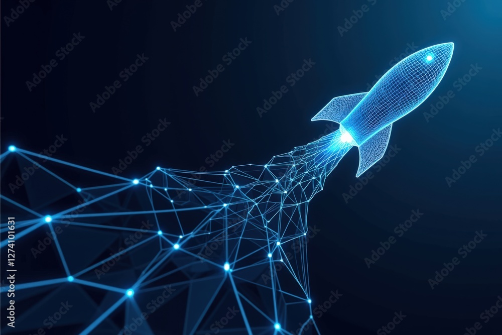 Poster a digital representation of a rocket launching into space, illustrating concepts of technology, inno