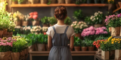 Young woman admires vibrant array of flowers in floral shop during daylight