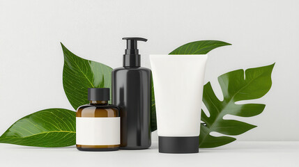 Sustainable packaging design with organic products and green leaves