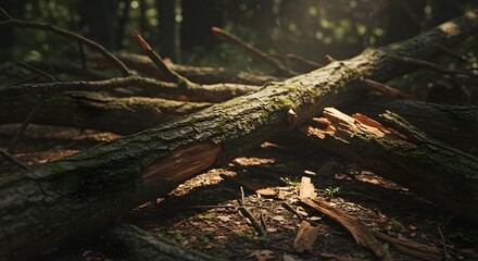 Obraz premium Fallen Tree Trunk in Forest Detail with Moss and Broken Wood