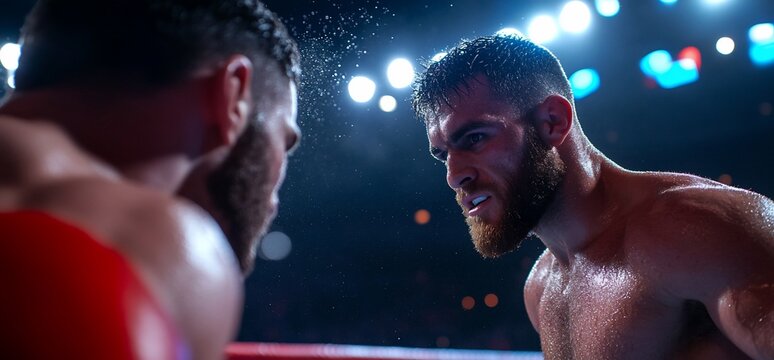 Intense stare-down between boxers, preparing for the next round