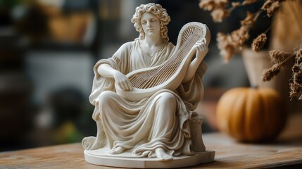 A miniature Orpheus statue playing a harp, elegant and poetic look