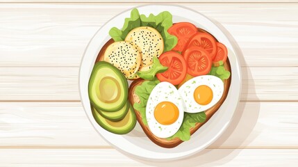 Healthy breakfast plate with avocado, eggs, toast, and tomato