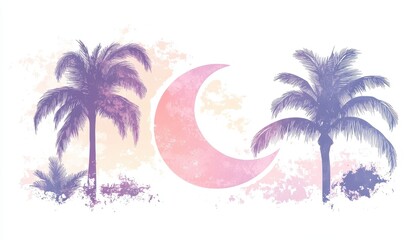 Pastel Watercolor Palm Trees and Crescent Moon Landscape