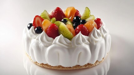 Pavlova cake with crisp golden edges, soft creamy center, and fresh fruit toppings, styled elegantly for a gourmet dessert menu