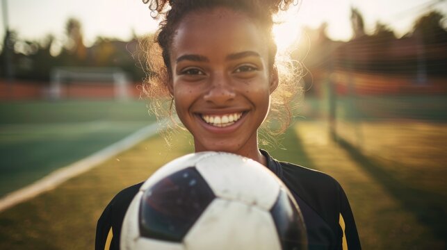 "Woman holding a soccer ball". - Powered by Adobe