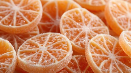 A close-up of sugary orange fruit slices, showcasing their vibrant color and texture.