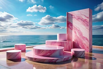 Fototapeta premium Pink Marble Podium by the Sea