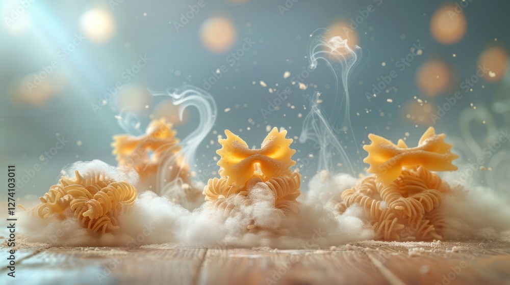 Poster a whimsical display of pasta shapes surrounded by soft clouds and glowing lights.