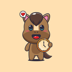 horse mascot cartoon character vector illustration with clock