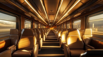 a train car completely empty, the subtle lights above casting long shadows across the smooth