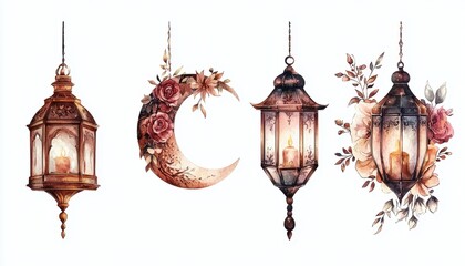 Obraz premium Watercolor Autumn Floral Lanterns and Moon Design