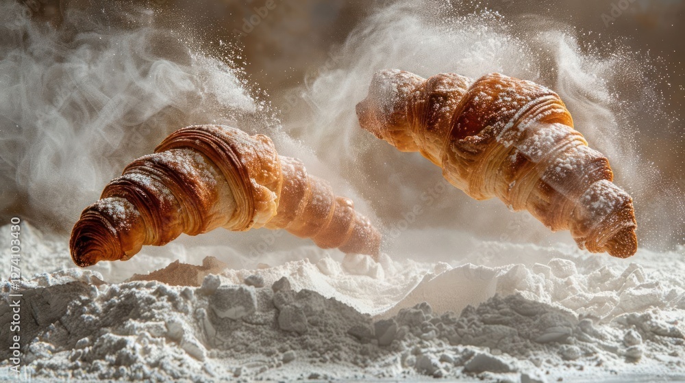 Poster two croissants hovering over a cloud of flour, creating a dynamic and appetizing scene.