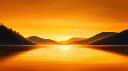 A captivating sunset over tranquil waters, with silhouettes of rolling hills enhancing the serene beauty of nature. Perfect for evoking calmness and reflection.