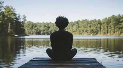 Woman meditating on a lake dock, peaceful nature background. Calm, mindful moment. Possible stock photo use
